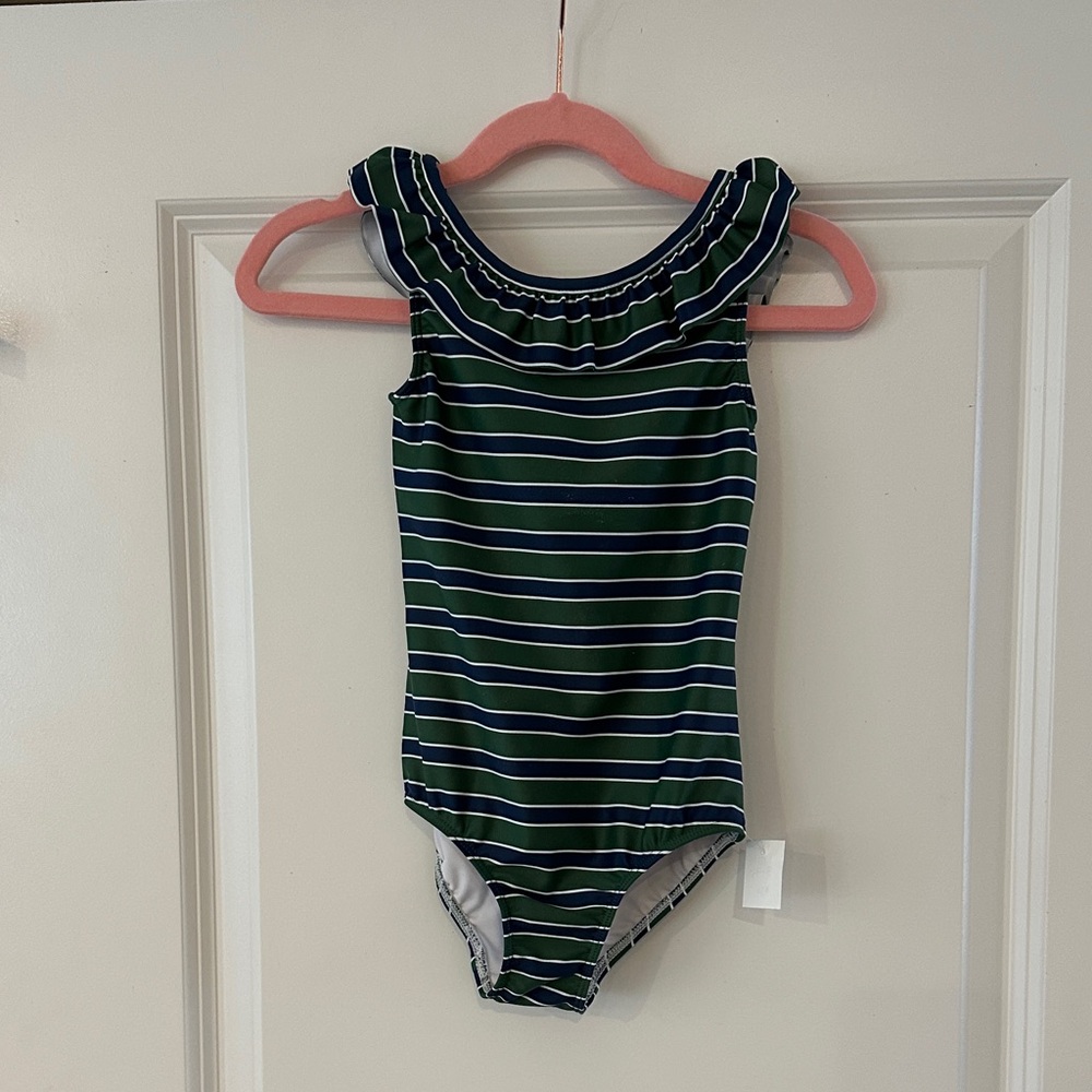 Minnow Swim - Striped Blue and Green Ruffled Kids One Piece - size 3/4T